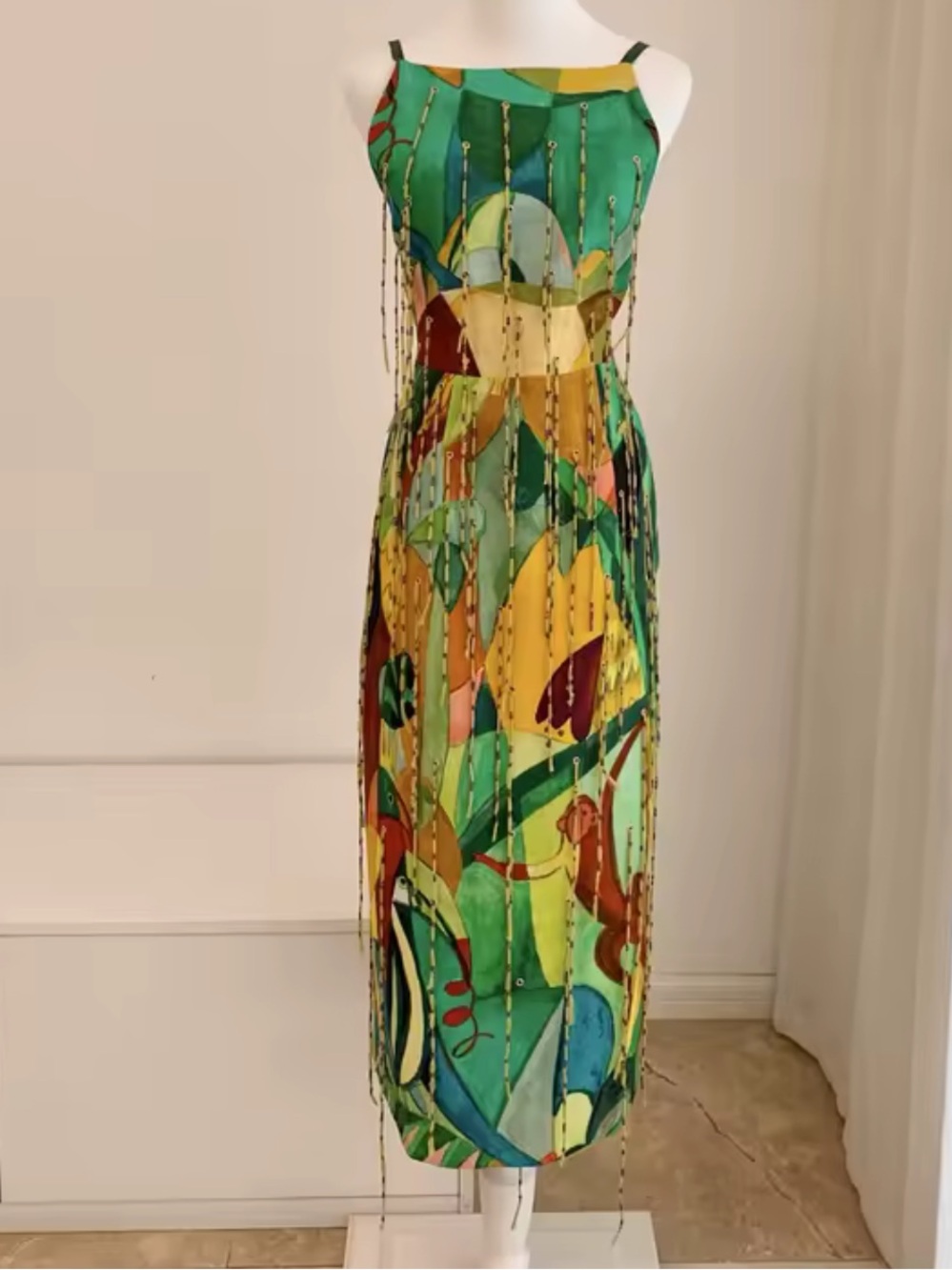 Alemais Mokshini Beaded fringed Green Multi-Color Abstract Print Midi Dress - Picture 13 of 13